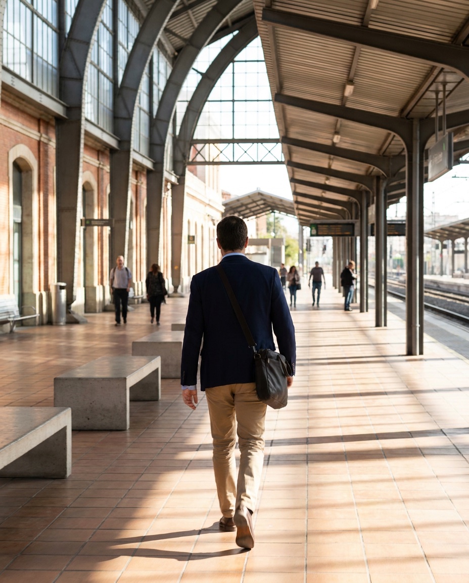 Profesional de camino al trabajo por una estación de tren, visto de espaldas